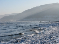   :  , . Photo of Lake Baikal in winter. Southern coast of Lake Baikal in winter, in January